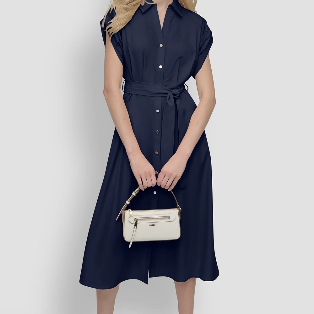 DKNY Navy Button-Front Midi Shirt Dress with Tie Waist